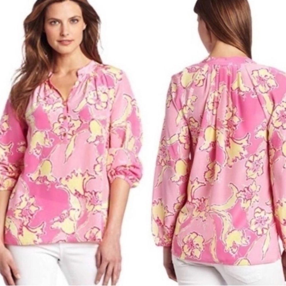 Lilly Pulitzer 100% Silk Elsa Popover Mandarin Collar Blouse Small